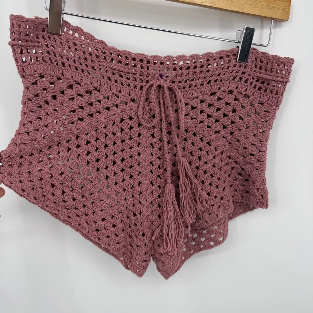 Purple Lotus Imports Crochet Tassel Shorts‎ Women  Rose Pink Boho Festival